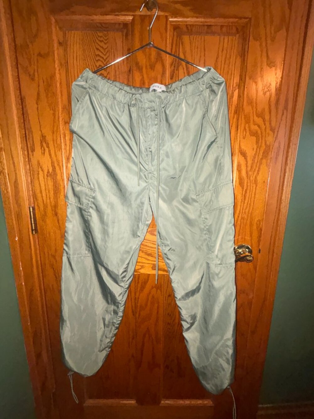 PISTOLA "Jade" Lightweight Satin Cargo Trousers – Sage/Bluff Green (Size M)